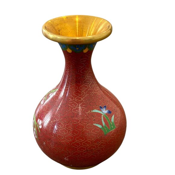 Vintage Chinese Cloisonné Vase With Cherry Blossom Design Red Gold Trim - Picture 3 of 5